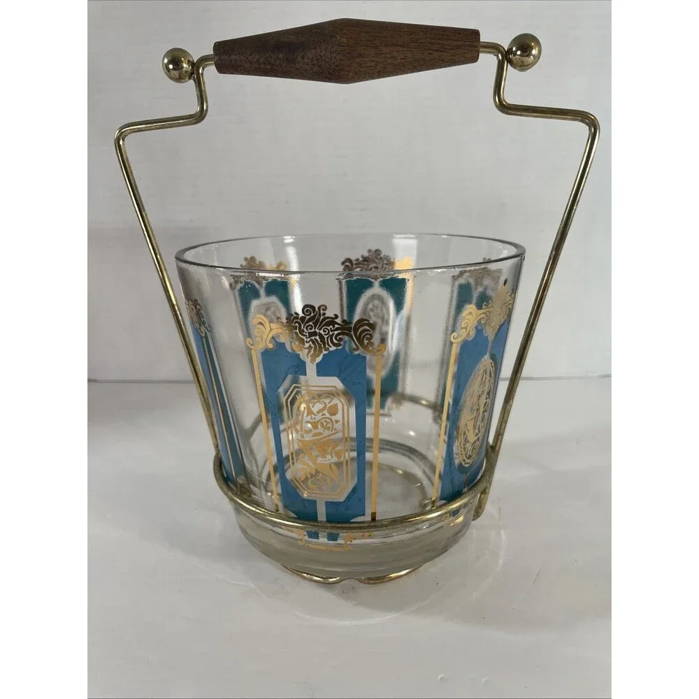 Vintage Mid Century Modern Glass Gold Tone Teal Ice Bucket